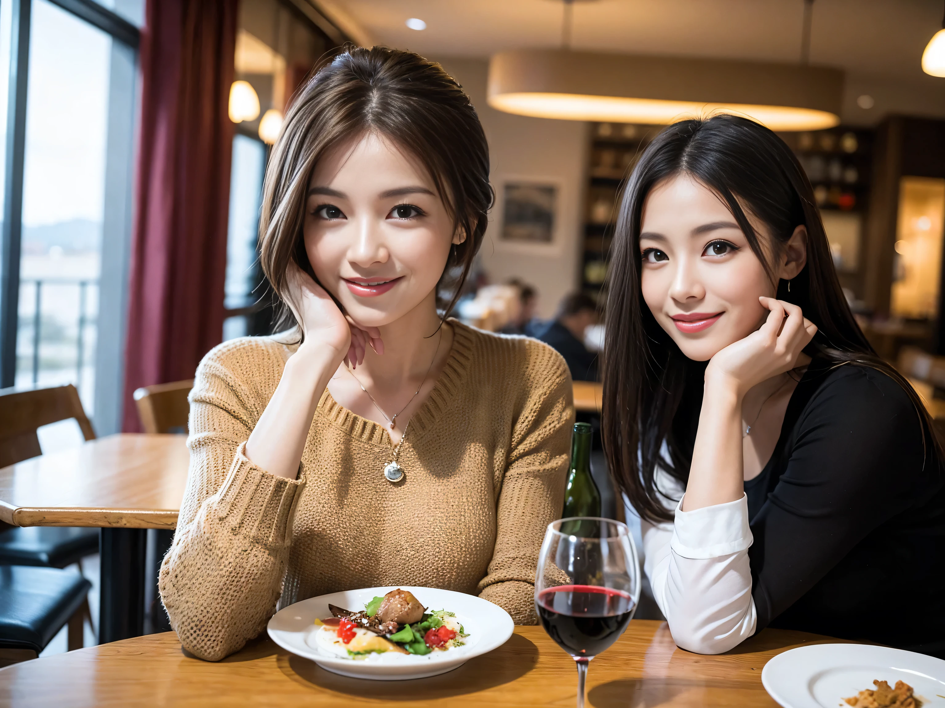 ((highest quality、8k、masterpiece:1.3))、Satomi Ishihara lookalike beauty、1 male、1 female、Couple、Spouse、half、The body is slim、((Bob Hale、Straight hair:1.2)), (Realistic, Intricate details:1.2), Wine glass on the table、Shine light on your face、 Amazing view of the sunset sky and clouds、Amazing mountain views、A bright smile、The wonderfulness of smile、Bright image、The beauty of wine, Beautiful Face, blue eyes, The light shines on your face, Blushing, short hair,Bright Face、 (Age 37), 39 years old, red wine 、Appetizers、Italian food、Wine bottle、Champagne、sparkling wine、Two beauties、Brown Hair、Shortcuts、Long sleeve shirt、dress、Pretty Woman 1, (Slim face), (The body is slim), (Brown Hair), (Shortcuts), cheeks turn a little red,Attractive beauty、restaurant, In a prominent place (From the waist up) Nova Frog Style, actress, model, Upper Body, White wine, slim, wine glass, A wine glass placed in the center, smile, (smile: 1.15), Beautiful fine grain, Depth f/2,saturation, High Contrast, Strong light and shadow,Moist Body:1.5、3D texture、Delicate eyes、Brown Hair、The hair is very shiny、