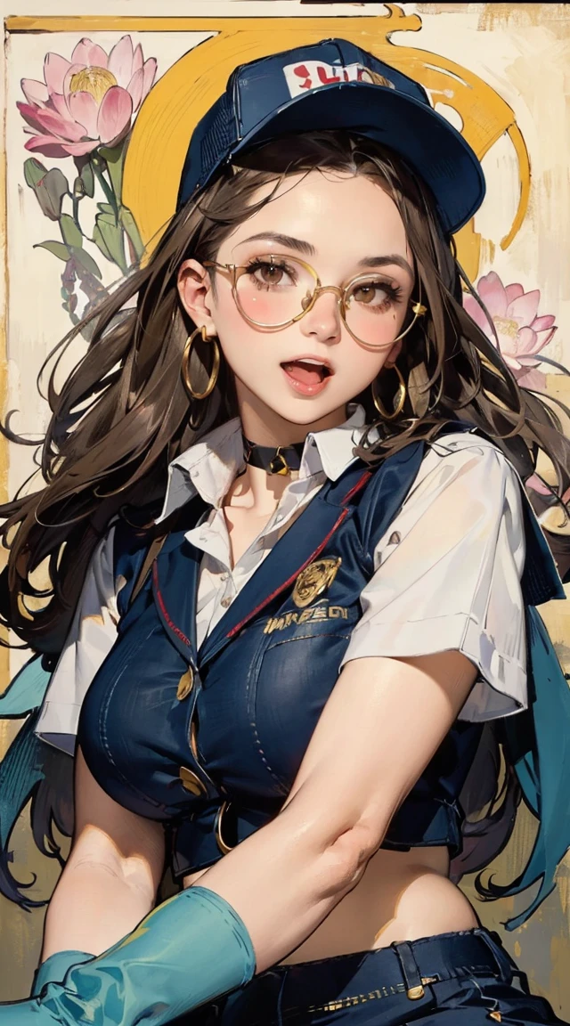(FioGermiWaifu:1), 1girl, curvy, (shorts, crop top, gloves, round eyewear, vest, baseball cap), looking at viewer, cute pose, smile, desert background, :D, (masterpiece:1.2), (best quality, highest quality), (ultra detailed), (8k, 4k, intricate),(full-body-shot:1),(Cowboy-shot:1.2), (50mm), (highly detailed:1.2),(detailed face:1.2), detailed_eyes,(gradients),(ambient light:1.3),(cinematic composition:1.3),(HDR:1),Accent Lighting,extremely detailed CG unity 8k wallpaper,original, highres,(perfect_anatomy:1.2), solo, wide shot, nsfw, (detailed ladscape, city, street:1.2),(detailed background),(dynamic_angle:1.2), (dynamic_pose:1.2), (rule of third_composition:1.3), (dynamic_perspective:1.2), (dynamic_Line_of_action:1.2),(masterpiece:1.2, best quality), (1lady, solo, upper body:1.2), Hair: buzz cut, Clothing: oversized, distressed denim jacket with patches and pins, paired with black skinny jeans and combat boots, Accessories: silver hoop earrings and a black choker necklace, Hanging out in an underground music venue or street art exhibitposter,(by mucha:1.2),((art deco,Botanical Art,Floral Art)),(floral:1.2),lily flower,
(masterpiece, highest quality),(vibrant colors,colorful),(amazing details,detailed background),anatomically correct,Accurate drawing,Detailed drawing,high-class sense,
lotus position:1.6, sitting, girl, bare thigh, bare stomach, (brown eyes),
(School uniform:1.5), pillow, open mouth, big breasts,