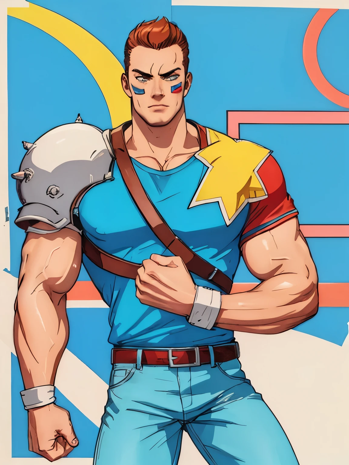 One boy, (BrianBattler), Face Paint, Blue jersey, Chest belt, Denim pants, (Pauldrons:1.1), short hair, brown hair, shirt, male focus, belt, pants, star \(symbol\), armor, muscular, own hands together, pectorals, denim, muscular male, shoulder armor, large pectorals, pauldrons, jeans, blue pants, shoulder pads, biceps, Pop Art, Brilliant, Use of color, Bold composition, modern, fashion, Andy Warhol, Iconic, contrast, graphical, Silkscreen, colorful, flashy, Retro, vintage, Comic Book Style, Geometric pattern, culture, ポップculture, stand out, Charm, Impact, stylish, Modern Art, Hero Image, pattern, Pop Background, repetition, Art Scene, Flat Color, High chroma