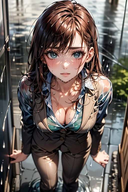 (masterpiece:1.2, highest quality), (Realistic, photoRealistic:1.4), Beautiful illustrations, (Natural Side Lighting, Cinema Lighting), 
Observe the audience, Face Focus, Upper Body, 1 female, Japanese, Perfect Face, Perfect body, Symmetrical cute face, Glowing Skin, Baby Face, Big Breasts:1.4, Hair between the eyes, Emerald green eyes, Captivating thighs, thin, 
Beautiful Hair, Beautiful Face, thin and beautiful eyes, Beautiful clavicle, Beautiful body, Beautiful breasts, Beautiful thighs, Beautiful feet, Beautiful fingers, Are standing,(masterpiece:1.2, highest quality), (Realistic, photoRealistic:1.4), Beautiful illustrations, 1 female, Japanese, ((Brown Hair, Medium Hair:1.5, Wet Hair:1.4)), blown 髪, bangs, 髪 between eyes, Big Breasts, 
beautiful 髪, Beautiful Face, Beautiful and exquisite, Beautiful clavicle, Beautiful body, Beautiful breasts, Beautiful thighs, Beautiful feet, Beautiful fingers,
((Suit jacket, pants suit:1.6, Collared shirt)), ((rainy street:1.4, look up:1.6))