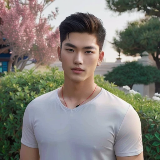 3D, 8k, anime arafed man in สวมแจ็คเก็ตสีดำ สวมแจ็คเก็ตหนังสีดำ red shirt standing in front of a pagoda, wearing a polo shirt, Asian man, light stubble with red shirt, Wear a red formal dress, Damian Tran, wearing red dress, Handsome Chad Chin, red shirt, Asian people, Christopher Chao, A well-maintained model, Inspired by David Diao, Profile picture, Southeast Asian people with round faces. Animated yes.