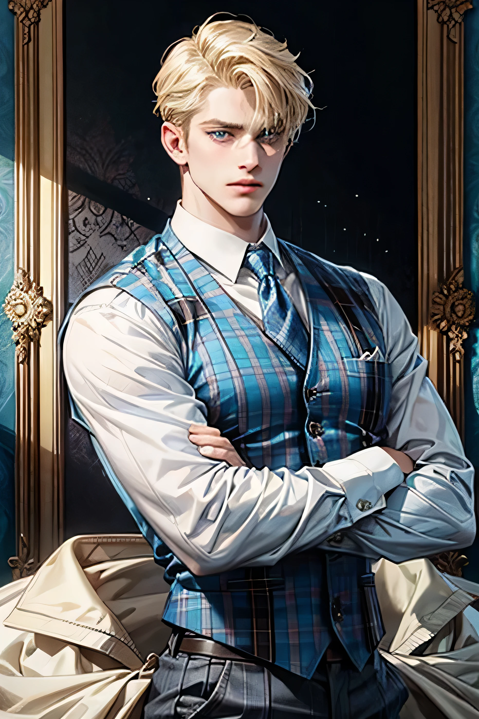 a man who has blonde hair, blue eyes, a strong jawline, wearing a blue plaid vest under a white shirt. He is posing with his arms crossed. The background is a luxurious college building. 