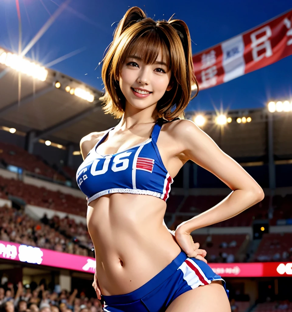 highest quality、8k、No makeup、masterpiece、Ultra-high resolution、Clear photos、Realistic、Professional Lighting、Very cute girl、The cutest Erina Mano:1.8、Cheerleader:1.8、smile、Large erect nipples:1.2、Ultra slim、Tight waist、Slender body、Thin legs、Brown Hair、smile、Field、Under the blazing sun、タイトなCheerleaderのユニホームを着て:1.8、、mini skirt:1.8、Jump towards the camera:1.8、Jump High:1.8、Skirt flips up:1.8、She gets excited and shows off her white panties:1.8、Full body photo:1.4