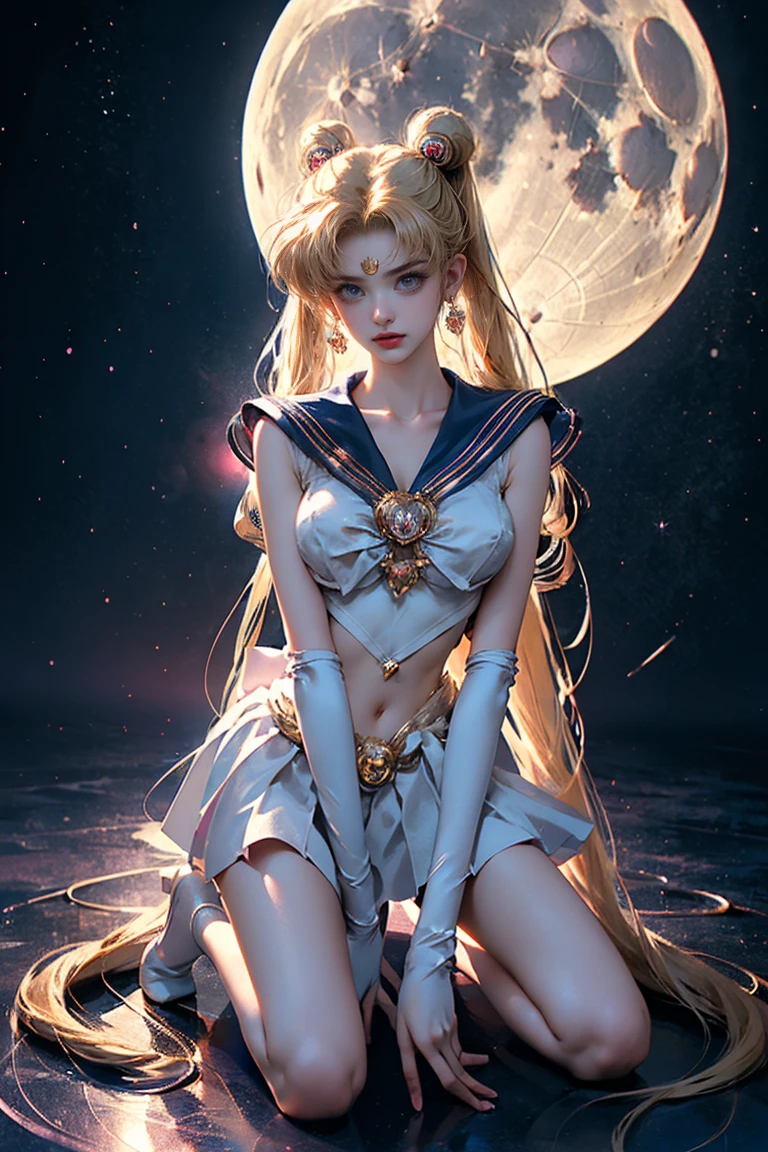 ((masterpiece, highest quality, Highest image quality, High resolution, photorealistic, Raw photo, 8K)), ((Extremely detailed CG unified 8k wallpaper)), (huge stunning goddess shot, very hot and sexy, jaw-dropping beauty, perfect proportions, beautiful body, slim body beauty:1.4), Woman taking pictures in sailor suit, sailor moon, sailor moon style, sailor moon. Beautiful, Inspired Sailor Moon, Sailor Moon, official art, Sailor Moon aesthetic, official anime artwork, magical girl anime magical girl, anime princess, magical girl style, high quality artwork, magical girl kneeling before giant crescent moon, one hand on waist, 