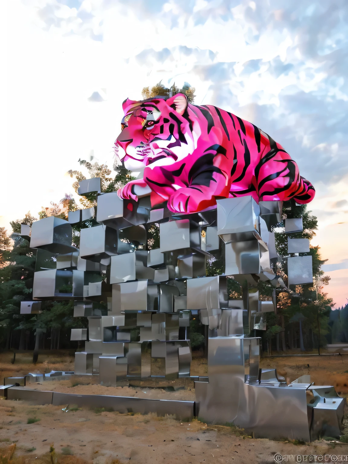 in a forest at night，On open land，An art installation made of a bunch of stainless steel blocks of different sizes，There is a huge cartoon tiger lying on it，Cute and adorable