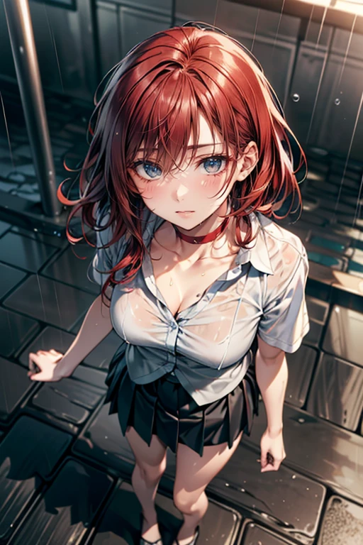(masterpiece:1.2, highest quality), (Realistic, photoRealistic:1.4), Beautiful illustrations, (Natural Side Lighting, Cinema Lighting),
((look up:1.6)), Face Focus, Upper Body, 1 female, Japanese, Perfect Face, Perfect body, Symmetrical cute face, Shiny skin, Baby Face, Big Breasts:1.4, Hair between the eyes, Emerald green eyes, Captivating thighs, thin,
Beautiful Hair, Beautiful Face, thin and beautiful eyes, Beautiful clavicle, Beautiful body, Beautiful breasts, Beautiful thighs, Beautiful feet, Beautiful fingers, Are standing,(masterpiece:1.2, highest quality), (Realistic, photoRealistic:1.4), Beautiful illustrations, 1 female, Japanese, ((medium red hair:1.5)), blown 髪, bangs, 髪 between eyes, Big Breasts,
beautiful 髪, Beautiful Face, Beautiful and exquisite, (blue eyes:1.3), Beautiful clavicle, Beautiful body, Beautiful breasts, Beautiful thighs, Beautiful feet, Beautiful fingers,
((Collared short-sleeved shirt, Green pleated skirt, Collarless jacket:1.6, choker)),
((Woman in the rain、Wet Hair、Clothes that stick to the skin))、(Dripping water、Transparent raindrops、Wet eyelashes、A sad expression、Glowing Skin、Rainy background、Wet asphalt、Reflection of light、Moist texture、coldness、Ephemerality、Sentimental atmosphere、Natural beauty、The sound of drops falling、Silence in the wind、Wet ground、Cloudy)、Sparkling Eyes