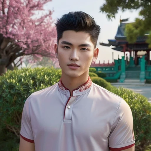 3D, 8k, anime arafed man in สวมแจ็คเก็ตสีดำ สวมแจ็คเก็ตหนังสีดำ red shirt standing in front of a pagoda, wearing a polo shirt, Asian man, light stubble with red shirt, Wear a red formal dress, Damian Tran, wearing red dress, Handsome Chad Chin, red shirt, Asian people, Christopher Chao, A well-maintained model, Inspired by David Diao, Profile picture, Southeast Asian people with round faces. Animated yes.