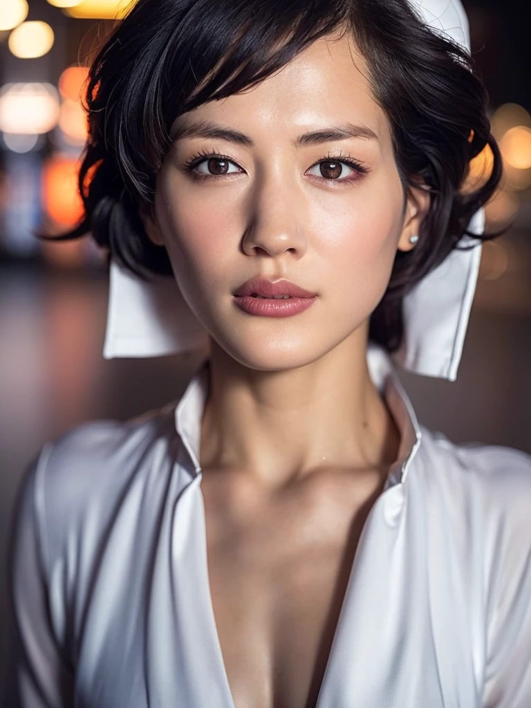stare at the camera, bust shot, mix 4,(8K, RAW photo, highest quality, masterpiece:1.2), (realistic, photo-realistic:1.37),1girl,cute,cityscape, night, rain, Wet, professional lighting, photon mapping, radio city, physically based on rendering, gradient black hair, gray hair, short curly hair, good looking, girl, White Ball Suit, excellent quality, High resolution, 1080P, (clean face), (Detailed facial description), (detailed description of hands ),(masterpiece),(Detailed CG),extreme light and shadow, messy hair, masterpiece, Rich details,(exquisite features),(highest quality),(masterpiece),(delicate eyes),looking forward to your eyes, exquisite collar bone