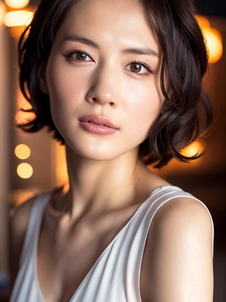 stare at the camera, bust shot, mix 4,(8K, RAW photo, highest quality, masterpiece:1.2), (realistic, photo-realistic:1.37),1girl,cute,cityscape, night, rain, Wet, professional lighting, photon mapping, radio city, physically based on rendering, gradient black hair, gray hair, short curly hair, good looking, girl, White Ball Suit, excellent quality, High resolution, 1080P, (clean face), (Detailed facial description), (detailed description of hands ),(masterpiece),(Detailed CG),extreme light and shadow, messy hair, masterpiece, Rich details,(exquisite features),(highest quality),(masterpiece),(delicate eyes),looking forward to your eyes, exquisite collar bone