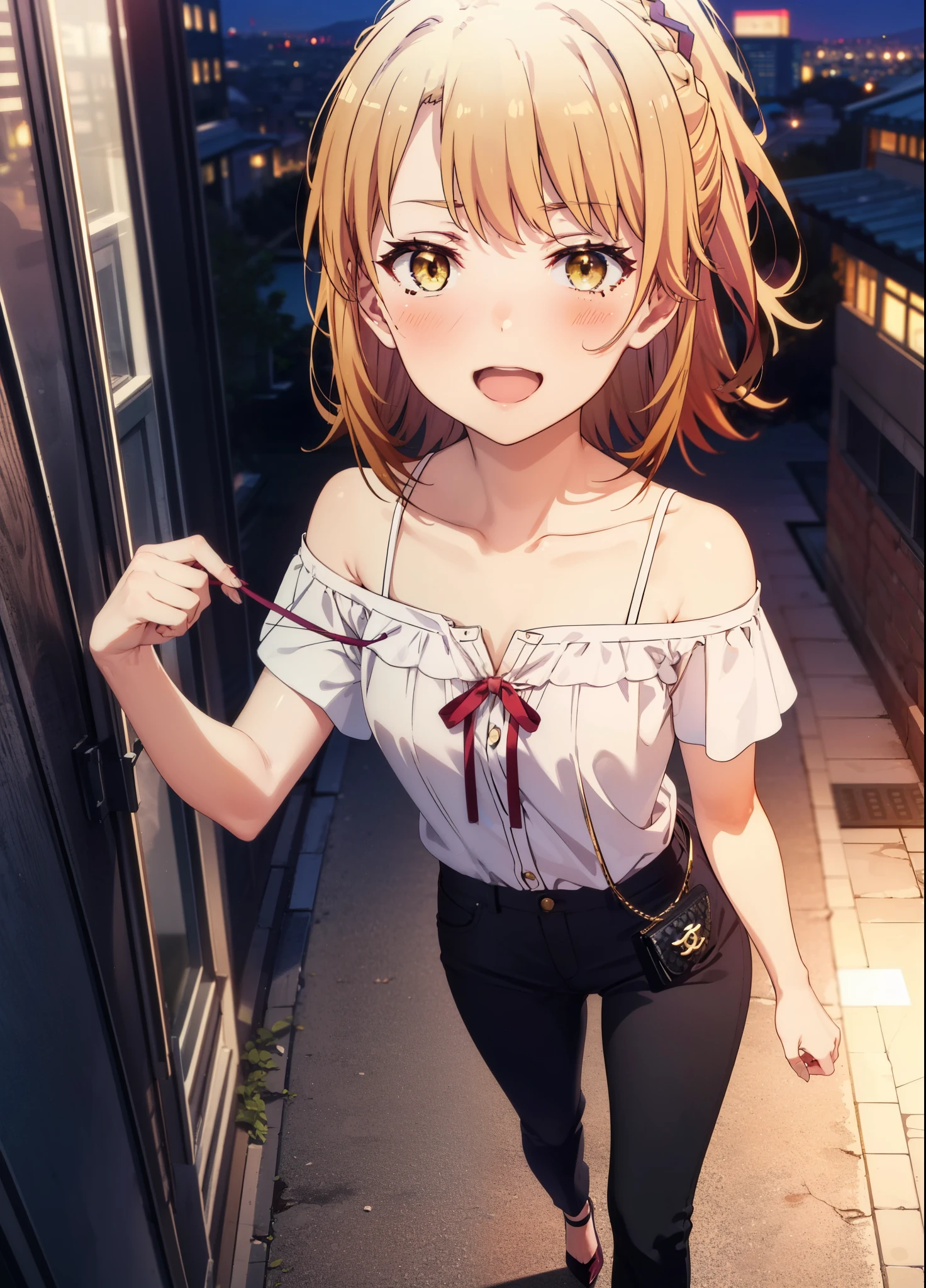 irohaisshiki, iroha isshiki, short hair, Brown Hair, (Brown eyes:1.5),happy smile, smile, Open your mouth,ponytail,Short braided hair,Medium chest,
hair band,Cord off-shoulder top,Short sleeve,skinny pants,Stiletto heels,Sunset,evening,The sun is setting,Walking,whole bodyがイラストに入るように,Looking down from above,Holding a Chanel bag in her right hand,
break outdoors,In town,Building district,
break looking at viewer, whole body,
break (masterpiece:1.2), highest quality, High resolution, unity 8k wallpaper, (shape:0.8), (Beautiful details:1.6), Highly detailed face, Perfect lighting, Extremely detailed CG, (Perfect hands, Perfect Anatomy),