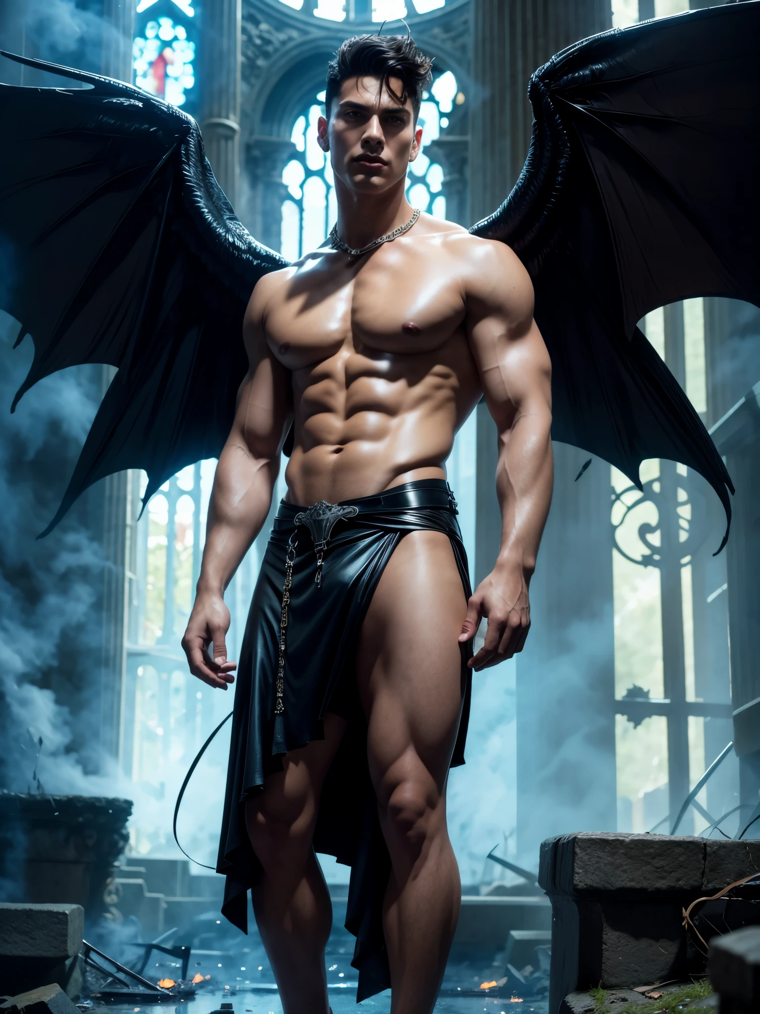 Photo-realistic, ((best quality)), ((masterpiece)), (detailed), perfect face, short hair, the devil, masculine portrait of the devil, personification of The Devil, evil look, super pale skin, (dark massive huge majestic black angel wings:1.2), black dragon horns, 18-year-old, super male model, handsome, tall, cute evil looking, dark look powerful, young male model, handsome mythical creature, super strong, muscular, fit, massive muscles, six pack, clean shave, blue eyes. wavy messy brown hair, short messy hair, messy wavy hair, shirtless, bare-chested, muscle, ripped, strong body, fit body, ancient linen Greek small skirt, antique black linen raped cloth skirt, Dark background 8k, high detailed, ultra-detailed, Stylish Pose, real skin texture, dramatic cinematic lighting, ruins Gothic cathedral, ruins, fire, (floor burning:1.4)
