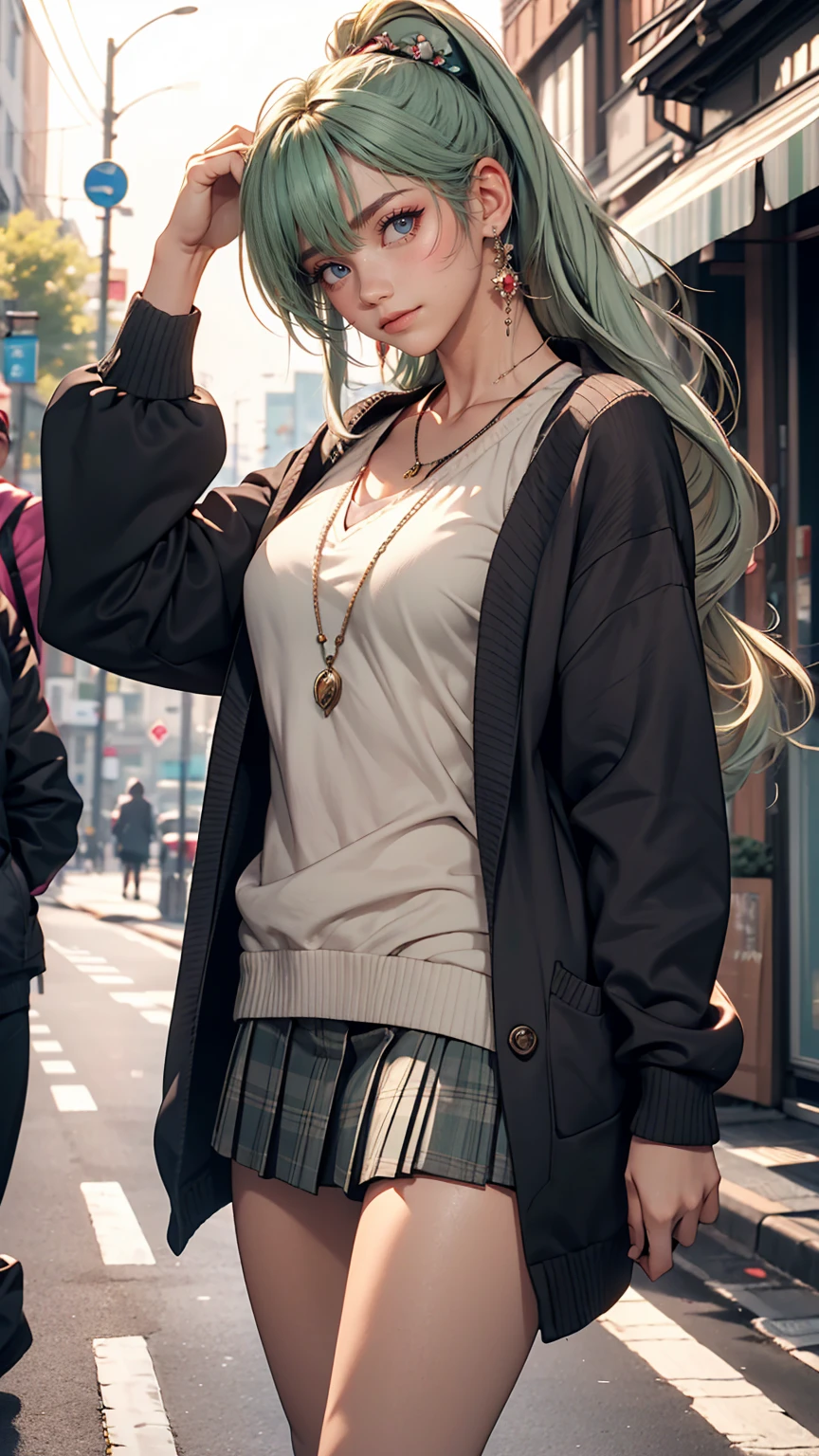 masterpiece , highest quality,Nahida(Genshin Impact) ,One girl , Small breasts,Long Hair ,Side Ponytail, hair ornaments , Gray Hair , Green Hair , Place your hands behind your head:1.5,Multicolored Hair, Fairy , Pointed Ears ,  , skirt ,cardigan,road , street,Looking at the audience