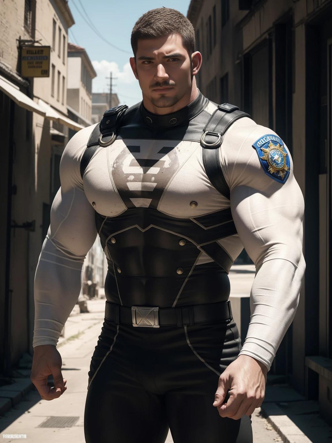 Angry super muscular man, Buzz Cut,On the old-style outdoor street under the hot sun, Wear a long-sleeved cream superhero bodysuit, Mud wrapped body,Clothes are very dirty with mud stains,The expression is arrogant, Thick thighs, Messy hair, Thick thighs, High collar, long sleeve, cream white superhero bodysuit, very tight, Regular symmetrical pattern, Highlight muscles, Police uniform pants, character concept(Resident Evil - Chris Redfield, Chris Redfield)A proud expression, Deep and charming eyes, Heroic male pose, tall Burly, muscular!muscular thighs, tough guy, perfect facial features, High, Burly, Heqiang, Super polished and cool, High Resolution Committee, Charismatic, The sun is blazing, dazzling