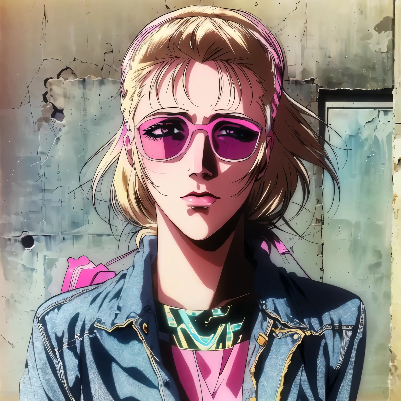 blond woman with pink sunglasses and a denim jacket posing for a picture, inspired by Elsa Bleda, woman with rose tinted glasses, pink glasses, 8 0 ’ s portrait, post grunge portrait, olga buzova, in style of petra collins, 90's color photo, 80s style, 8 0 s style, retro pink synthwave style