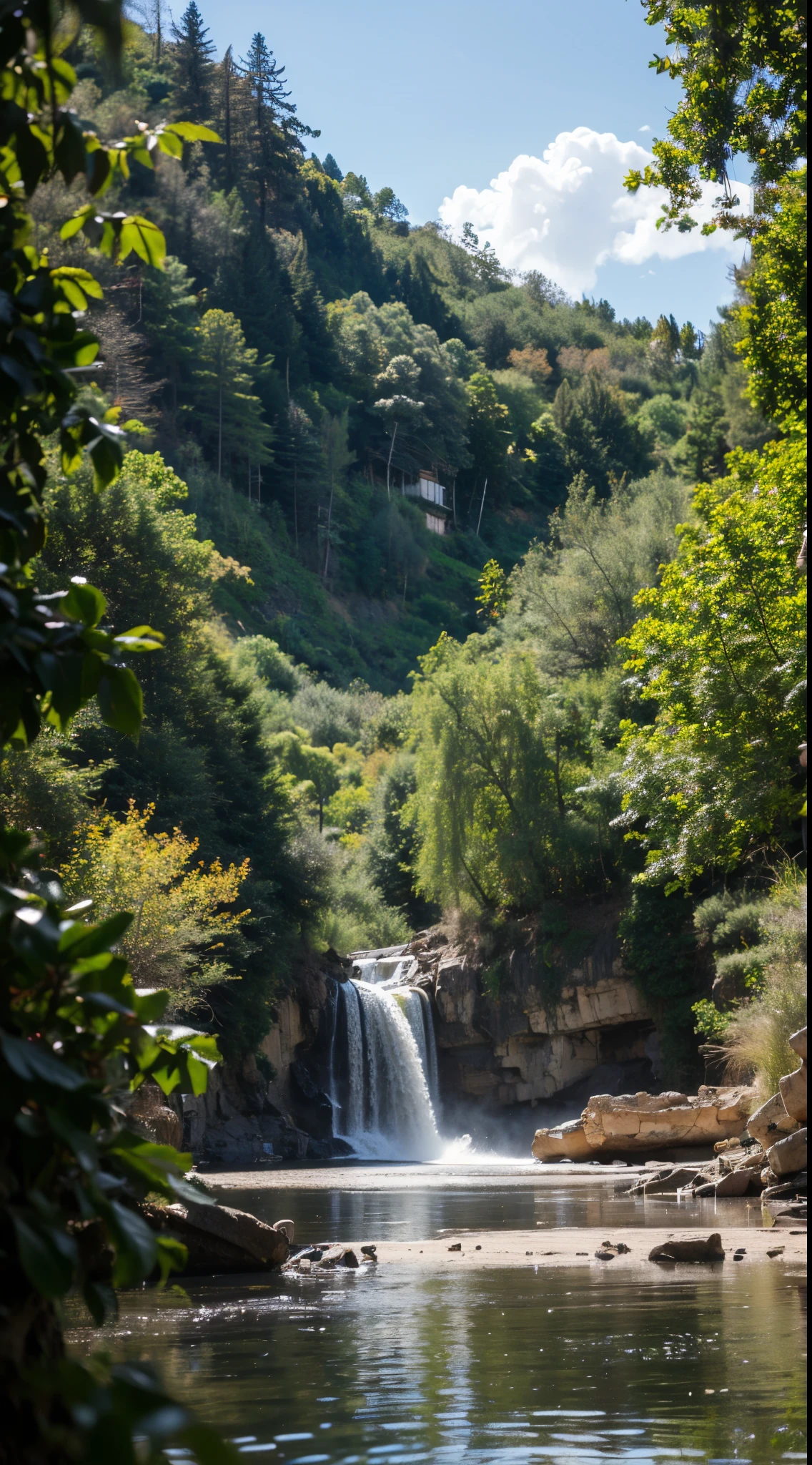 masterpiece, best quality, high quality, extremely detailed CG unity 8k wallpaper, scenery, outdoors, sky, cloud, day, no humans, mountain, landscape, water, tree, blue sky, waterfall, cliff, nature, lake, river, cloudy sky,award winning photography, Bokeh, Depth of Field, HDR, bloom, Chromatic Aberration ,Photorealistic,extremely detailed, trending on artstation, trending on CGsociety, Intricate, High Detail, dramatic, art by midjourney.