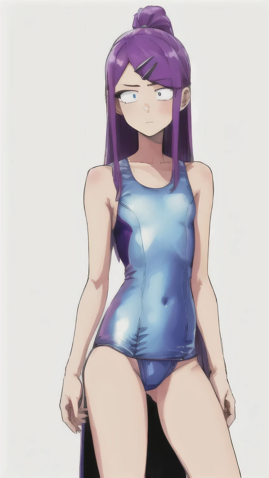 Girl with long purple hair, hairpin, in a closed swimsuit, full length, whole body