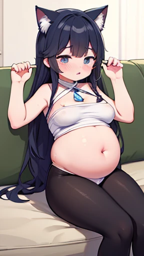 Cat ear、work、Looks very painful、Small face、adult、Very embarrassed look、Big Breasts、Very impatient、Trembling、Sweating、Are pregnant、disease、abdomen、abdomen、Wearing full-body tights、Show only your belly、Last month of pregnancy、１One navel、Sitting on the sofa、(((Giant belly)))、(((Big belly)))、Are fat、No exposure、Being strangled