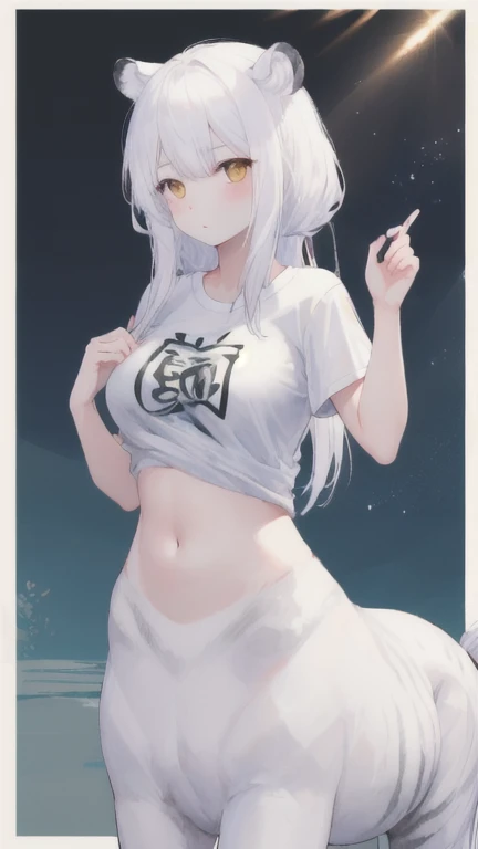 (best quality, masterpiece), 1 girl, centaur, It takes,White skin, belly button t-shirt, 아름다운 소녀 perfect white tiger photo, perfect white tiger photo