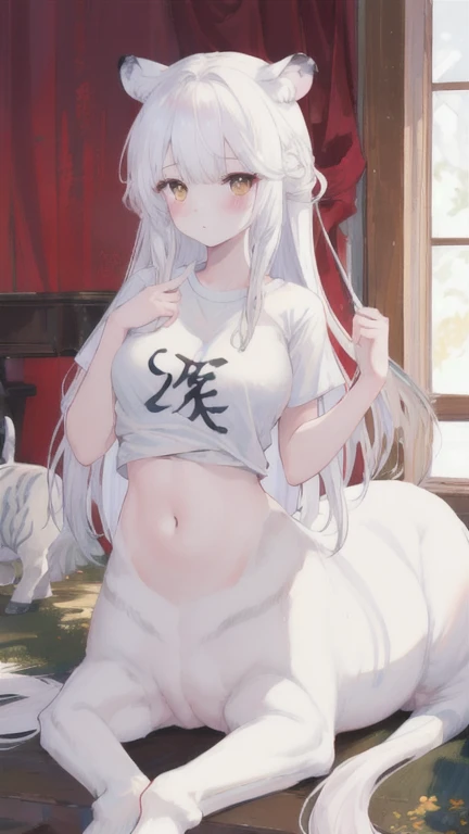 (best quality, masterpiece), 1 girl, centaur, It takes,White skin, belly button t-shirt, 아름다운 소녀 perfect white tiger photo, perfect white tiger photo
