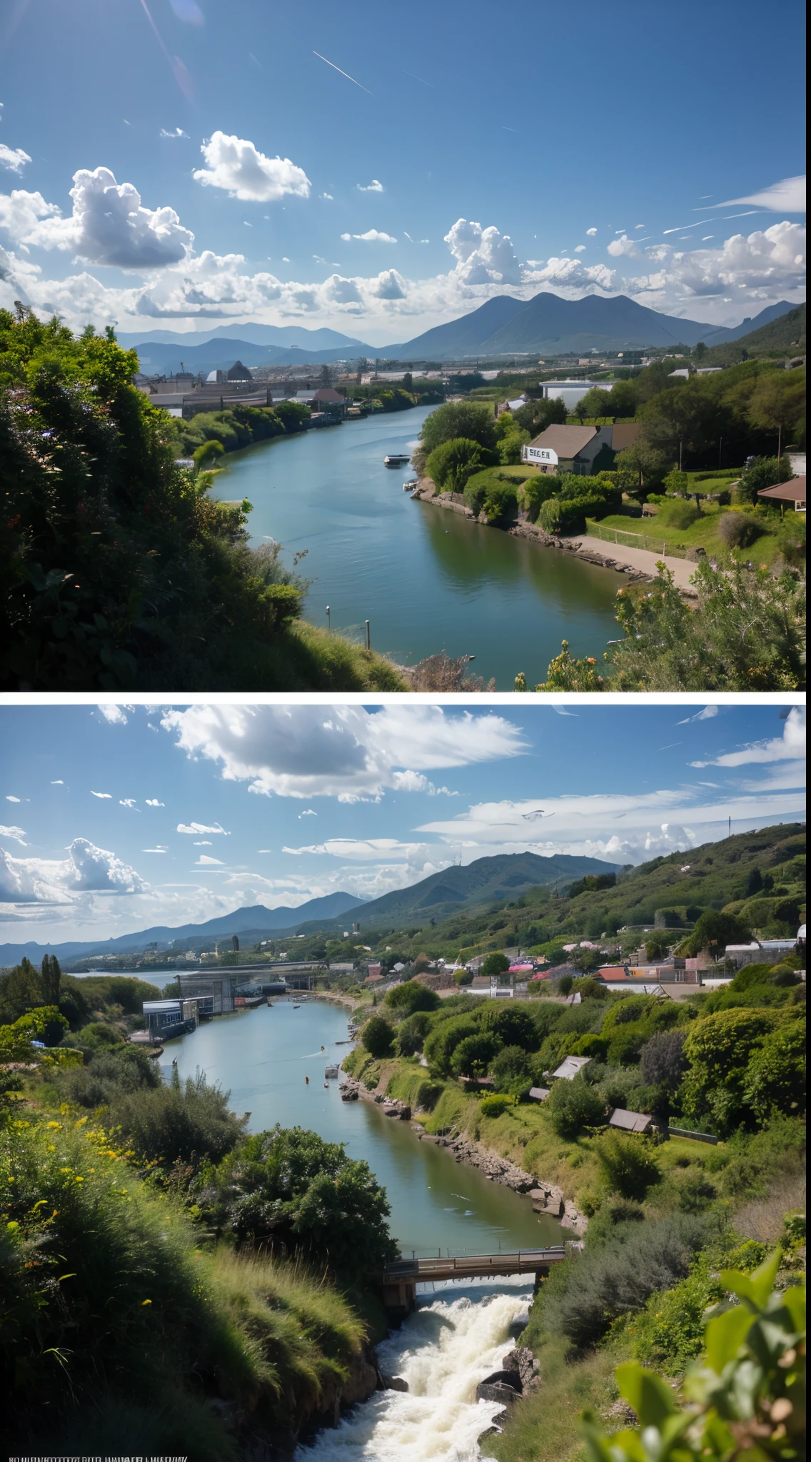 masterpiece, best quality, high quality, extremely detailed CG unity 8k wallpaper, scenery, outdoors, sky, cloud, day, no humans, mountain, landscape, water, tree, blue sky, waterfall, cliff, nature, lake, river, cloudy sky,award winning photography, Bokeh, Depth of Field, HDR, bloom, Chromatic Aberration ,Photorealistic,extremely detailed, trending on artstation, trending on CGsociety, Intricate, High Detail, dramatic, art by midjourney.