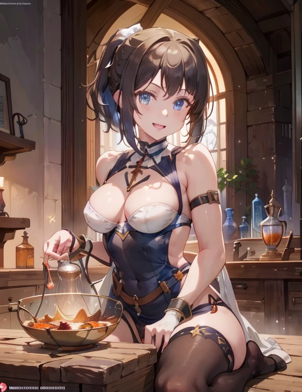 (fantasy:1.5),(anime,8k,masterpiece, top quality, best quality,beautiful and aesthetic:1.2,professional illustrasion:1.1,ultra detail:1.3,perfect lighting),extremely detailed,highest detailed,incredibly absurdres , highres, ultra detailed,intricate:1.6,(Alchemy Workshop:1.4),A girl mixing,Medicine in many small bottles,holding small potion,colorful:1.4,zentangle,(1girl),(girl),(Three kingdoms female warload),(highly detailed beautiful face and eyes,firm breasts),oily skin,((black,hair,short bob with short pony tail hair)),thin pubic hair,cute,lovely,34 years old,alchemist costume,Merchant's Clothing,smile,in the kitchen,smile,seductive weak smiling,(with sparkling eyes and a contagious smile),open mouth, Looking at Viewer,
