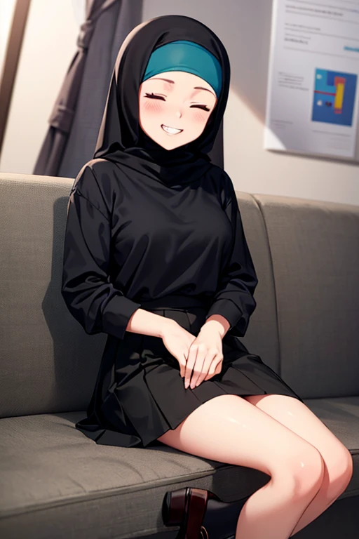 (((pixel-perfect, detail-perfect))), solo, 1girl, haji camadondeng, black shirt, long sleeves, skirt black, woman shoe black, smile, grin, closed eyes, black hijab, black hair
