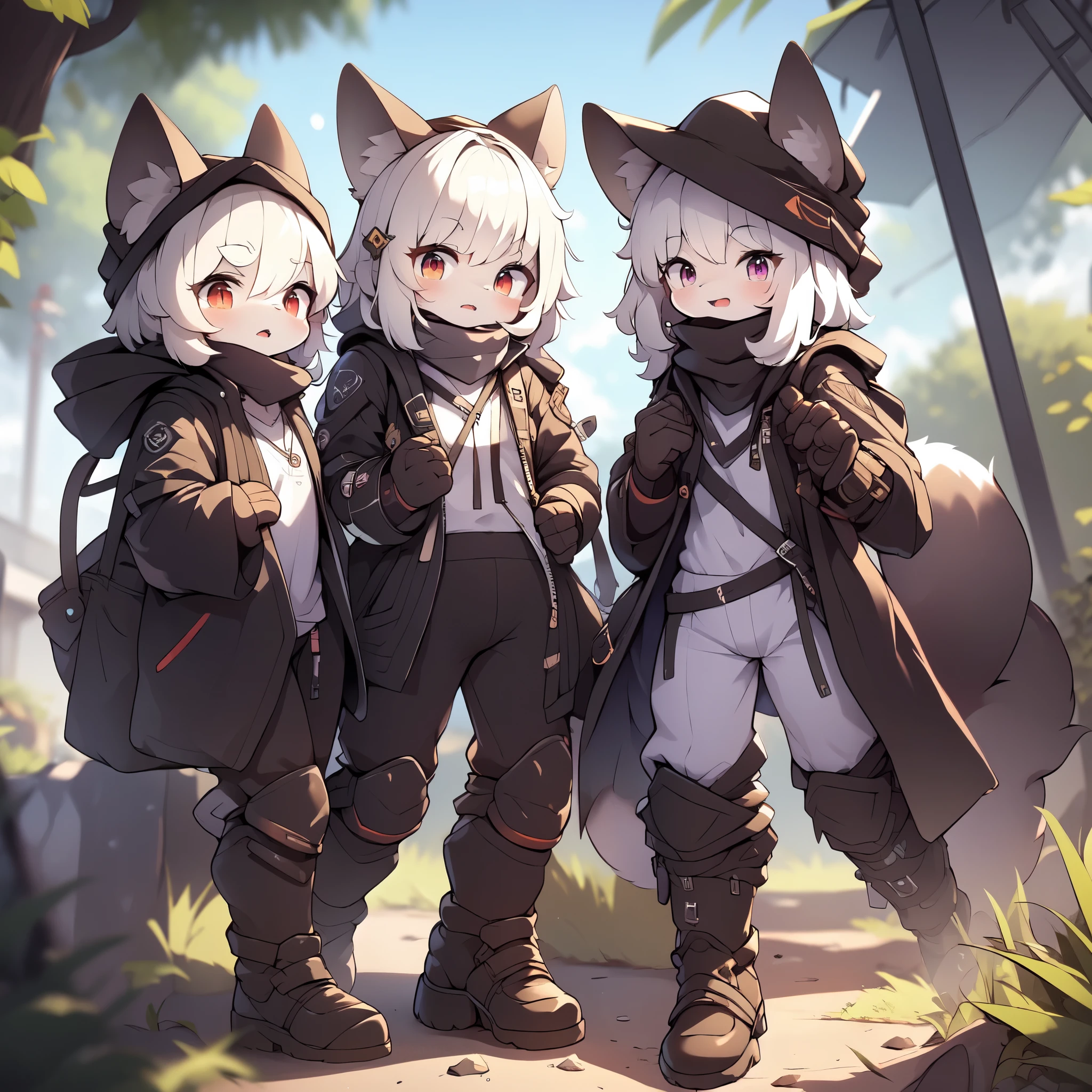 Kawaii, Striped Fluffy Fox, emaciated, long hair, 3girls, artificial synthetic skin, life support prosthetics, digital headphones, black tight latex bodysuit, white long dress, thigh-high-socks, shorts, loose off-the-shoulder hood open jacket, holsters in thigh, Mechanical boots, tactical knee pads, tactical belted loose Arm Sleeves, cybernetic Display gloves, chest rigs, tactical belts, blue archive halo, bulletproof goggles on forehead, from Ark nights, ray tracing, depth of field, bloom, masterpiece, ccurate, high details, highres