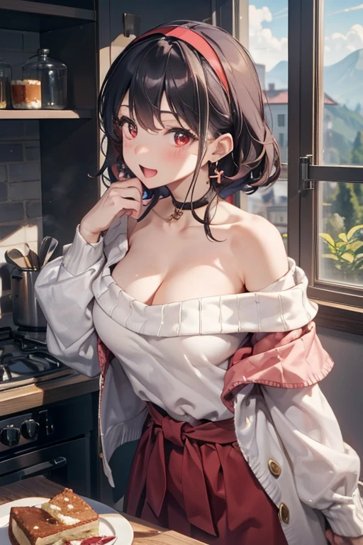 masterpiece, 1girl, Amazing Cleavage:1.3, thin waist, big ass, Raised sexy, medium breast:1.3,posed cleavage:1.2,solo, looking at viewer, open mouth, have a cup of coffee,black hair, red eyes, dress, bare shoulders, jewelry, collarbone, sidelocks, hairband, earrings, indoors, off shoulder, :o, sweater, arms behind back, plant, short hair with long locks, white hairband, off-shoulder dress, sweater dress, off-shoulder sweater, red sweater, big side hair, very long side hair,is rendered in (masterpiece: 1.2, best quality), with (ultra high resolution) and an exquisite (depth of field). This masterpiece is not only visually stunning but also tells, make of cooking some cakes ,in the kitchen ,(beautiful scenery), upper eyes, (with sparkling eyes and a contagious smile:1.0),looking at Viewer
