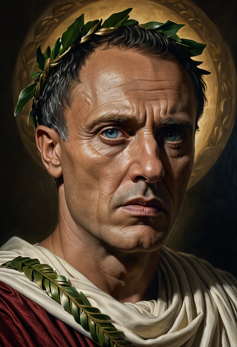 a portrait of Julius Caesar, extremely detailed face, piercing eyes, stoic expression, laurel wreath, roman toga, dramatic lighting, oil painting, photorealistic, intricate details, cinematic composition, renaissance art style, muted color palette, chiaroscuro lighting