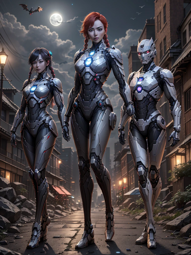 (Best Quality)), ((Masterpiece)), (Very Detailed: 1.3), 3D, Beautiful cyberpunk woman, Iron Man cosplay, sci-fi technology, HDR (High Dynamic Range), ray tracing, nvidia RTX, super resolution, unreal 5, subsurface scattering, PBR texture, post-processing, anisotropic filtering, depth of field, maximum sharpness and sharpness, multi-layer texture, specular and albedo mapping, surface shading, accurate simulation of light-material interactions, perfect proportions, octane rendering, duotone lighting, low ISO, white balance, rule of thirds, wide aperture, 8K RAW, high efficiency subpixels, subpixel convolution, light particles, light scattering, Tyndall effect, very sexy bikini, full body, battle pose, red hair with braids, bats in the sky notuno, full moon, candle light,