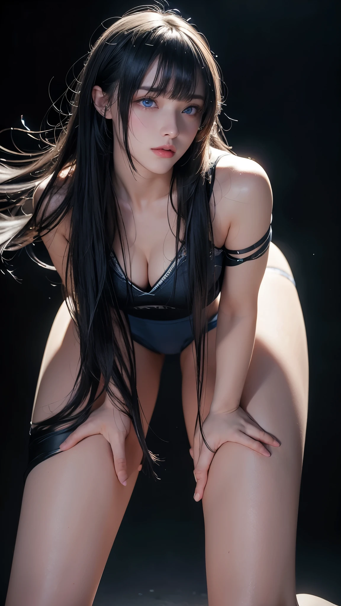 masterpiece, highest quality, Super detailed, Facing the camera, 複雑に詳細なSuper detailed, Realistic, Sharp features, Very detailed, Sharp focus, Perfect Face, Perfect Face, Perfect symmetrical perfect eyes, Perfect Plump Lips, Flexible female form, Cinematic, Film Light, Super detailed, hyper Realistic, masterpiece, Atmospheric, High resolution, Vibrant, Dynamic Studio Lighting, ((Dark Background)), The expression when enduring pleasure, Straight bangs, blue eyes,Sexually aroused expression、Her black thong shorts are visible through the fabric、(((Lean forward with your legs apart))),((Buckshot))