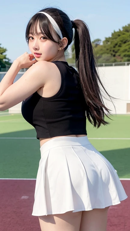 (BEST QUALITY, MASTER PIECE, ULTRA HIGH RESOLUTION, (PHOTOREALISTIC:1.4), RAW PHOTO, REALISTIC), 1girl, (upturned ass, beautiful buttocks),  Beautiful body, (face of Japan's number one idol, Surprisingly Cute face), wearing tennis shirts and yellow pleated skirt,  Black hair, very Cute Smile, sunny Outdoors, Stand and pose romantically