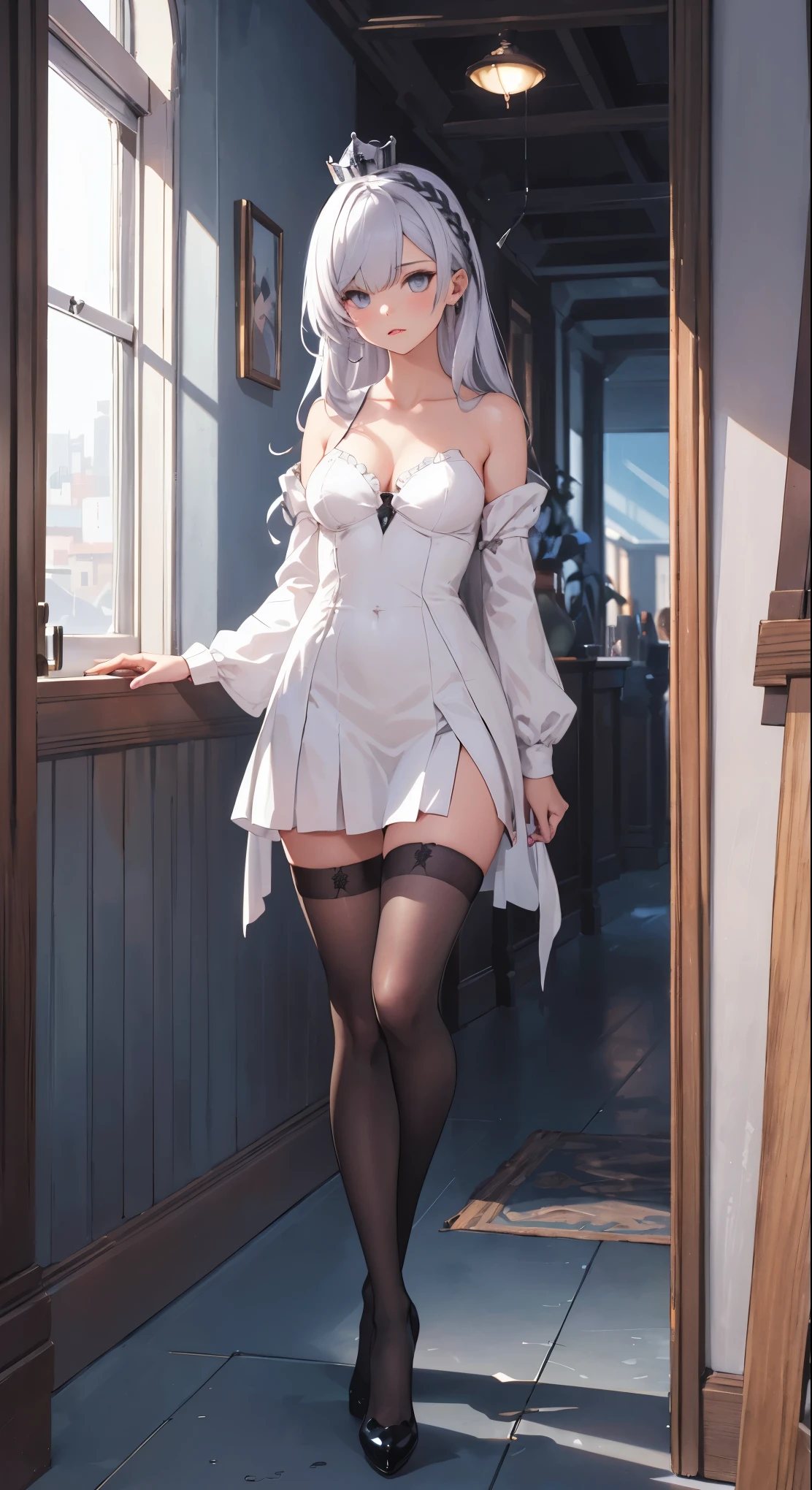 1girl, highly detailed, detailed eyes, sunny room, masterpiece, looking at viewer, illustration, game cg, collarbone, standing, glossy lips, thigh highs, high heels, silver hair, long hair, argus\(azur lane\), silver_hair, medium breasts, gray_eyes, hair_clip, argusorigin, black stockings, small silver crown on head, legs apart