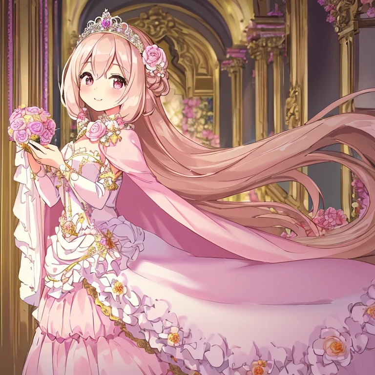 (kawaii),(best quality),(ultra detailed),(rococo style),(long train pastel pink cape:1.15), very long cape,(long train white ball gown with flower decorations:1.1), a girl is wearing a cape over her gown, 1 little princess, tiara, smile, very long hair, small breasts, beautiful detailed eyes, beautiful detailed lips, looking at viewer