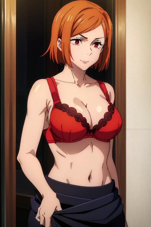 (Best Quality, masterpiece, High resolution, anime screen cap, anime colours), Orange hair, Nobara Kugisaki, Smile:1.3, (large full breasts:1.5), cleavage, (Thin fabric, Red Bra:1.8, no-bra:1.5), Slimed, Leaning forward, Upper body, Change room, (Perfect Anatomy, perfect detailed body, Eyes and hair in beautiful detail, Beautiful breasts and skin), armpits, armpits visible,