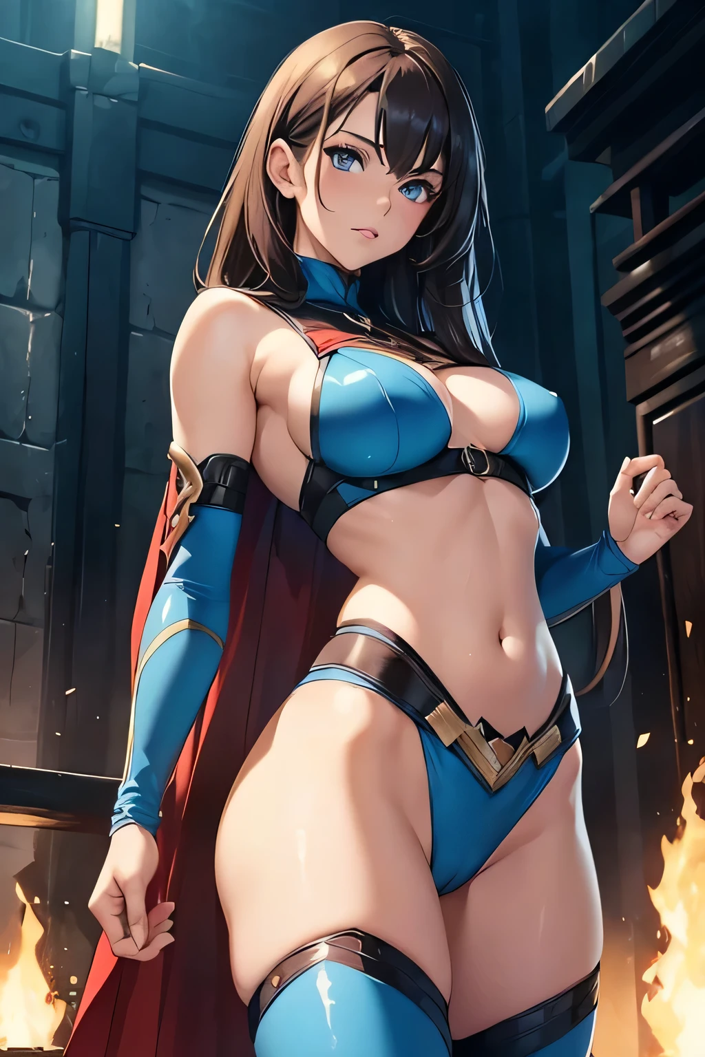 1 woman, long dark brown hair, big breasts, blue eyes, ((detailed eyes:1.2)), wearing superhero outfit, sleeveless, nsfw, sexy, sensual, underboob, masterpiece, top quality, best quality, official art, beautiful and aesthetic:1.2), extreme detailed, colorful, highest detailed