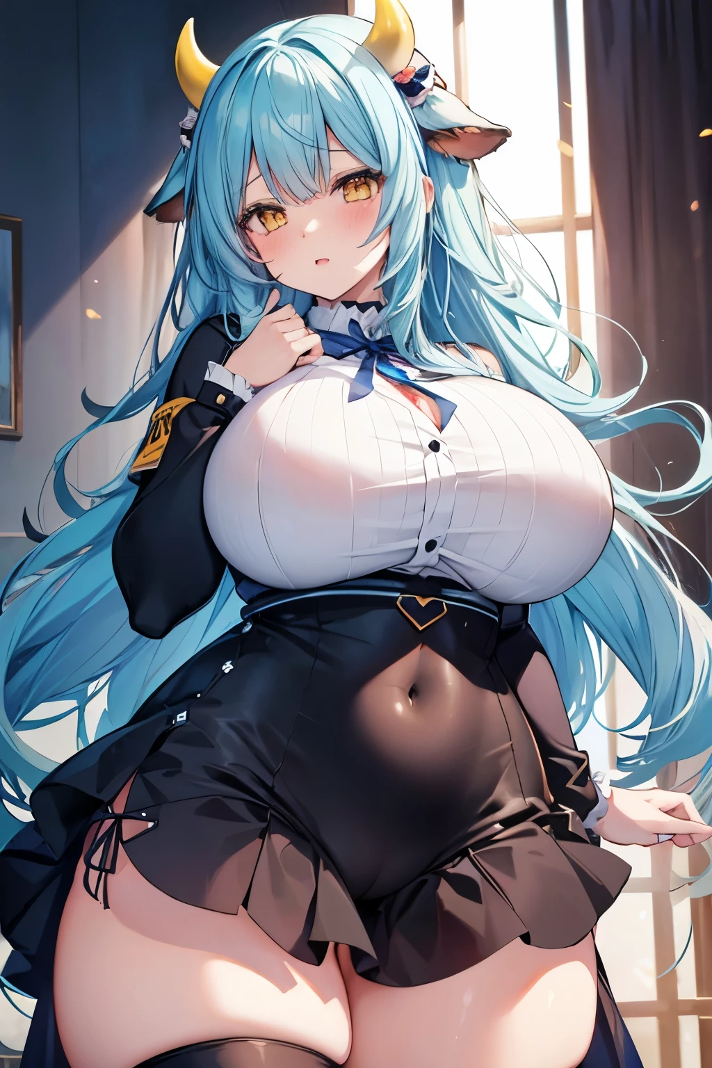 high quality, anime style, 1 girl, hucow, girl {hucow} 2, cow, cow outfit, long blue hair, yellow eyes, super huge breasts, gigantic breasts, huge fat ass, very thick thighs, expression of pleasure, face of pleasure