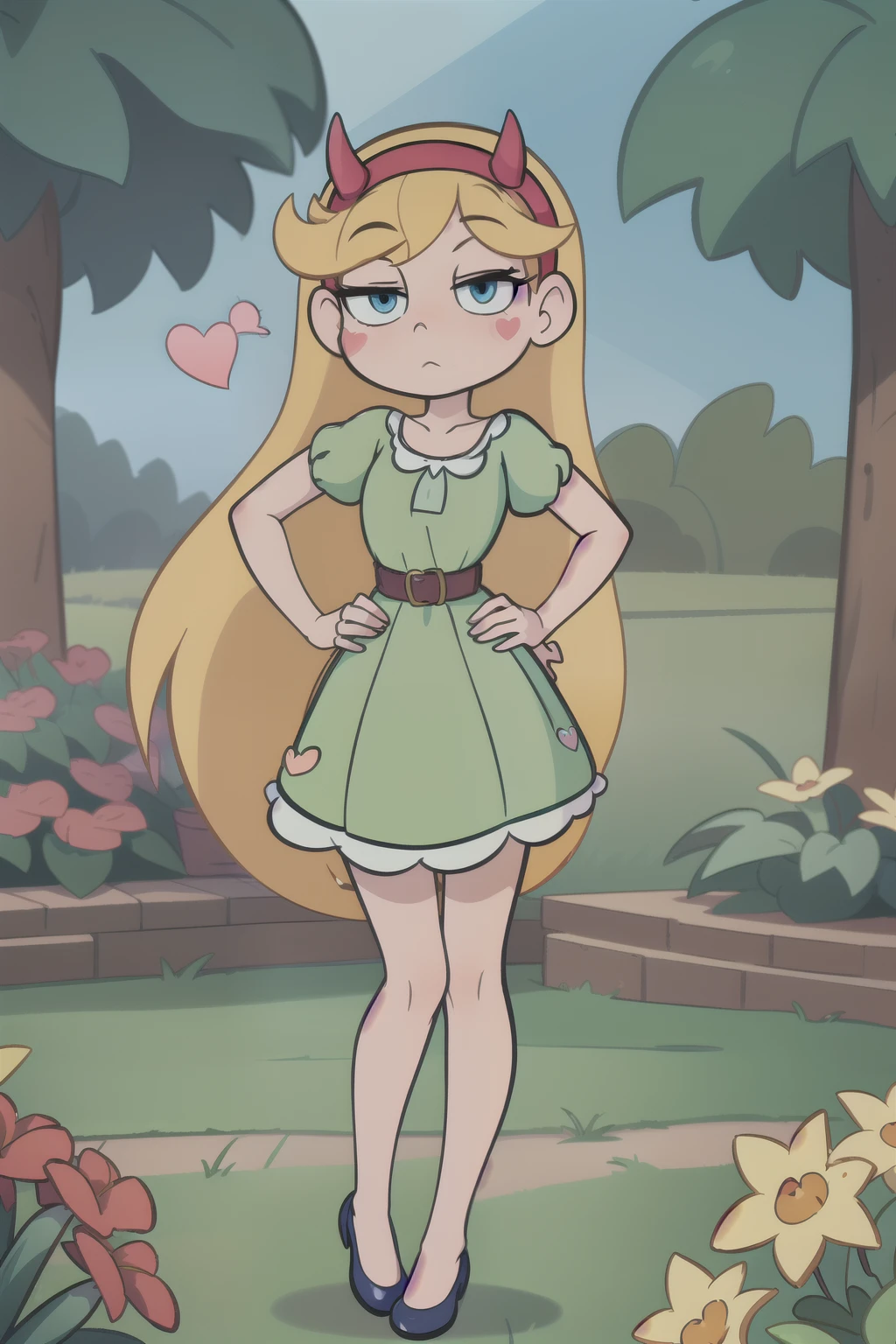 (masterpiece, best quality, high resolution:1.2), 1girl, star butterfly, blue eyes, blonde hair, long hair, expressionless, bored, half-closed eyes, green dress, belt, horn hairband, blush stickers, heart cheeks, looking at viewer, standing, upper body, contrapposto, hand on hip, outdoors, garden 