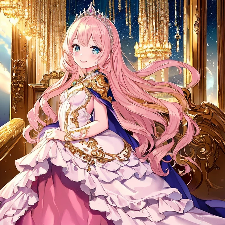 (kawaii),(best quality),(ultra detailed),(rococo style),(long train pastel pink cape:1.15), very long cape,(long train white ball gown with flower decorations:1.1), a girl is wearing a cape over her gown, 1 little princess, tiara, smile, very long hair, small breasts, beautiful detailed eyes, beautiful detailed lips, looking at viewer