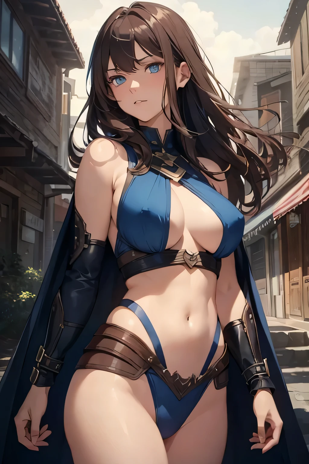 1 woman, long dark brown hair, big breasts, blue eyes, ((detailed eyes:1.2)), wearing superhero outfit, sleeveless, nsfw, sexy, sensual, underboob, masterpiece, top quality, best quality, official art, beautiful and aesthetic:1.2), extreme detailed, colorful, highest detailed