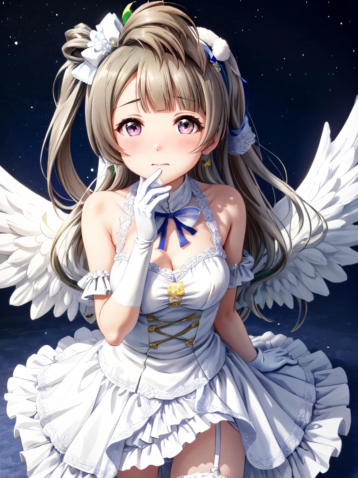 High resolution, highest quality, super high quality,Dark world、3D Images,Absolute reference to center、Kotori Minami、Standing、Closed Mouth、(Flapping its big white wings:1.2)、(Angel Minami Kotori:1.5)、Hands Behind Back、White Dress、 Purple eyes, White gloves, Garter Straps,White stockings、(Big angel wings:1.3)