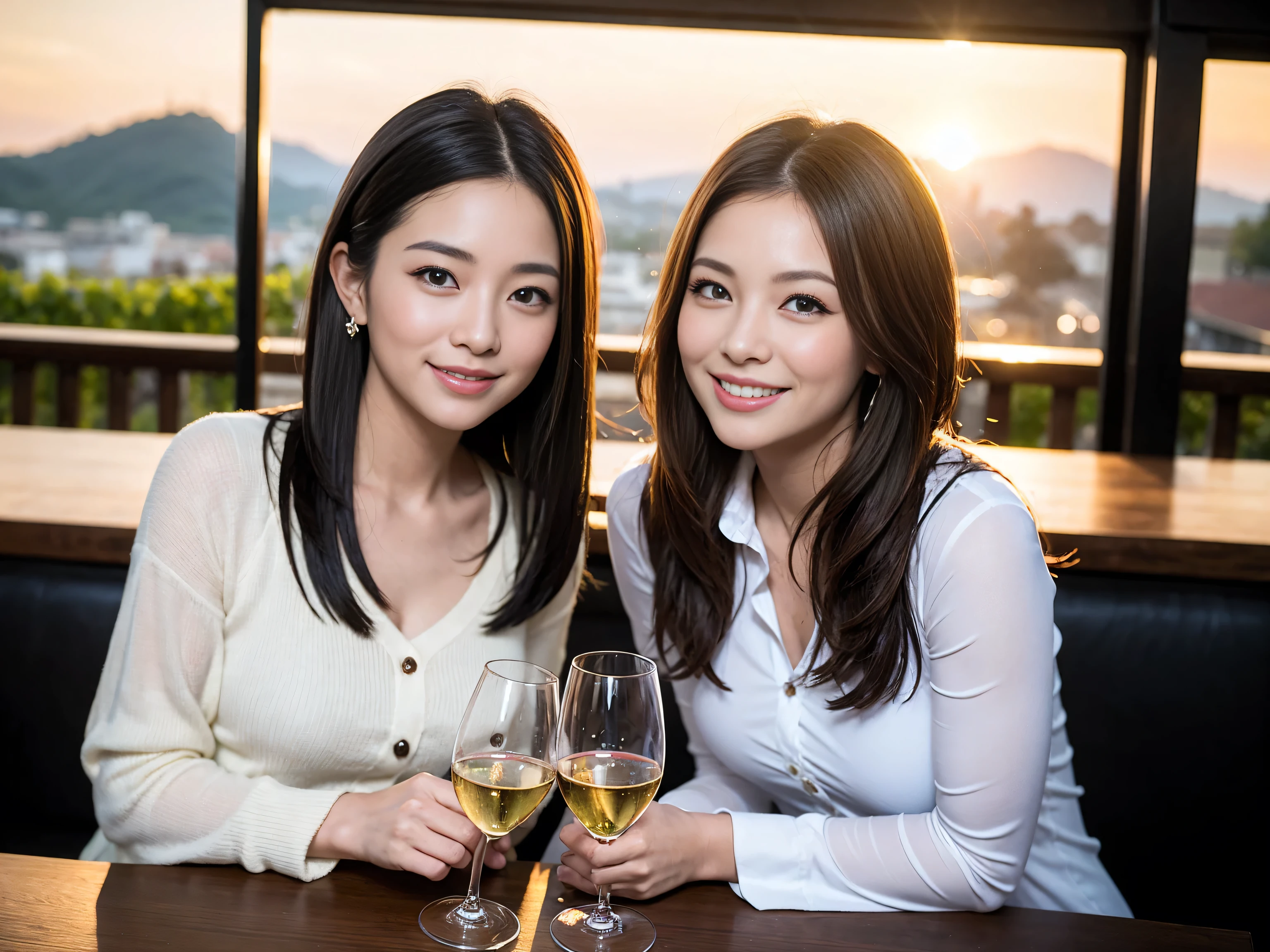 ((highest quality、8k、masterpiece:1.3))、1 male、1 woman who looks like Satomi Ishihara、Couple、Spouse、Couple、The body is slim、((Bob Hale、Straight hair:1.2)), (Realistic, Intricate details:1.2), Wine glass on the table、Shine light on your face、 Amazing view of the sunset sky and clouds、Amazing mountain views、A bright smile、The wonderfulness of smile、Bright image、The beauty of wine, Beautiful Face, blue eyes, The light shines on your face, Blushing, short hair,Bright Face、 (Age 37), 39 years old, red wine 、Appetizers、Italian food、Wine bottle、Champagne、sparkling wine、Two beauties、Brown Hair、Shortcuts、Long sleeve shirt、dress、Pretty Woman 1, (Slim face), (The body is slim), (Brown Hair), (Shortcuts), cheeks turn a little red,Attractive beauty、restaurant, In a prominent place (From the waist up) Nova Frog Style, actress, model, Upper Body, White wine, slim, wine glass, A wine glass placed in the center, smile, (smile: 1.15), Beautiful fine grain, Depth f/2,saturation, High Contrast, Strong light and shadow,Moist Body:1.5、3D texture、Delicate eyes、Brown Hair、The hair is very shiny、