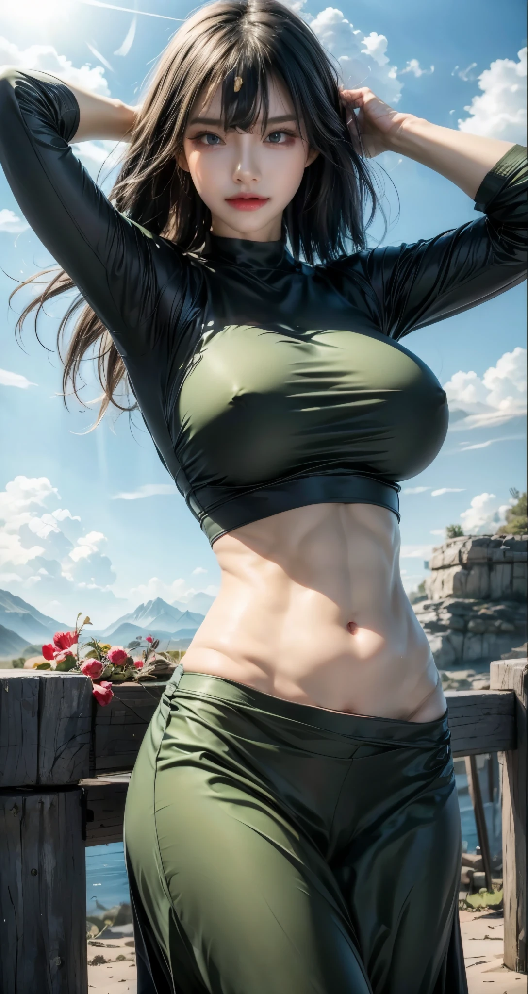 realistic, 1gril, per HD, 12k, beautiful breasts, looking at the camera, sitting on the sofa, long black hair, facial details, detailed person, body details, clothing details, hair details, body details, body details, breast details, vagina details, clothes, eye details, sweat details, water details, pose (knees bent and legs wide apart) whole body