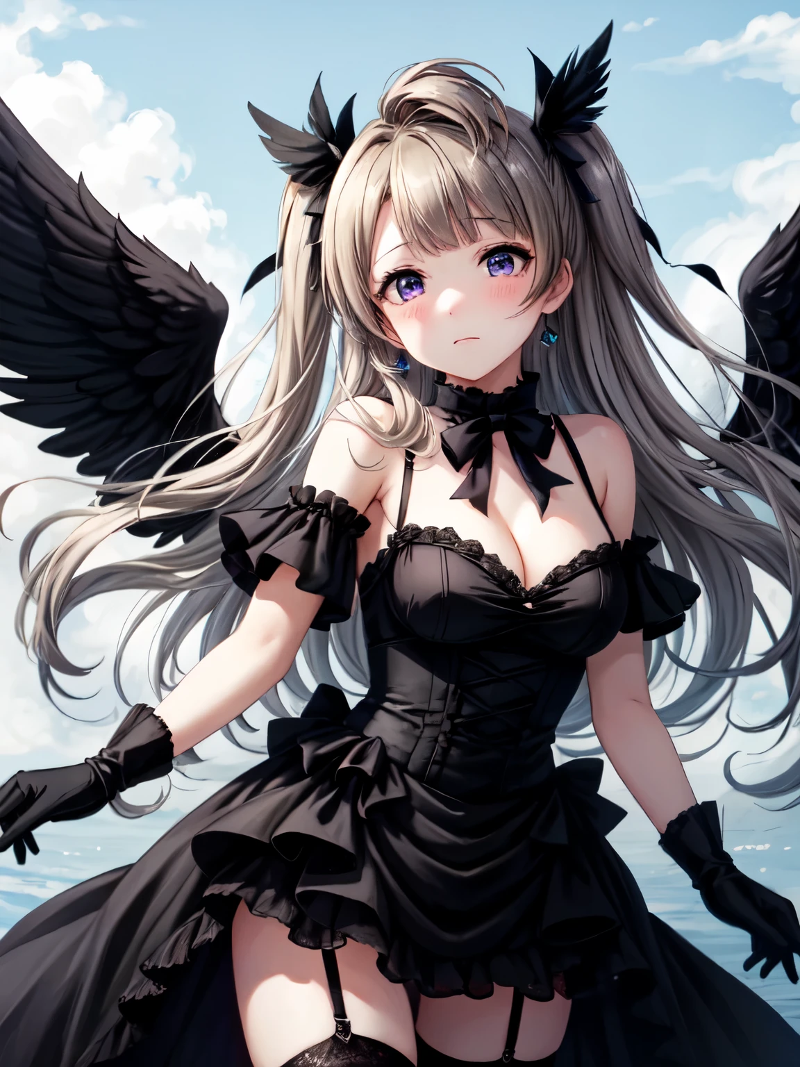 High resolution, highest quality, super high quality,Dark world、DarknessKotori Minami、Standing、Closed Mouth、Flapping its large black wings、Kotori Minami in the form of a devil、fallen Angel、Black Dress、 Purple eyes, Black gloves, Garter Straps,Black Stockings,(large wings of black color,:1.5)、Black Feather