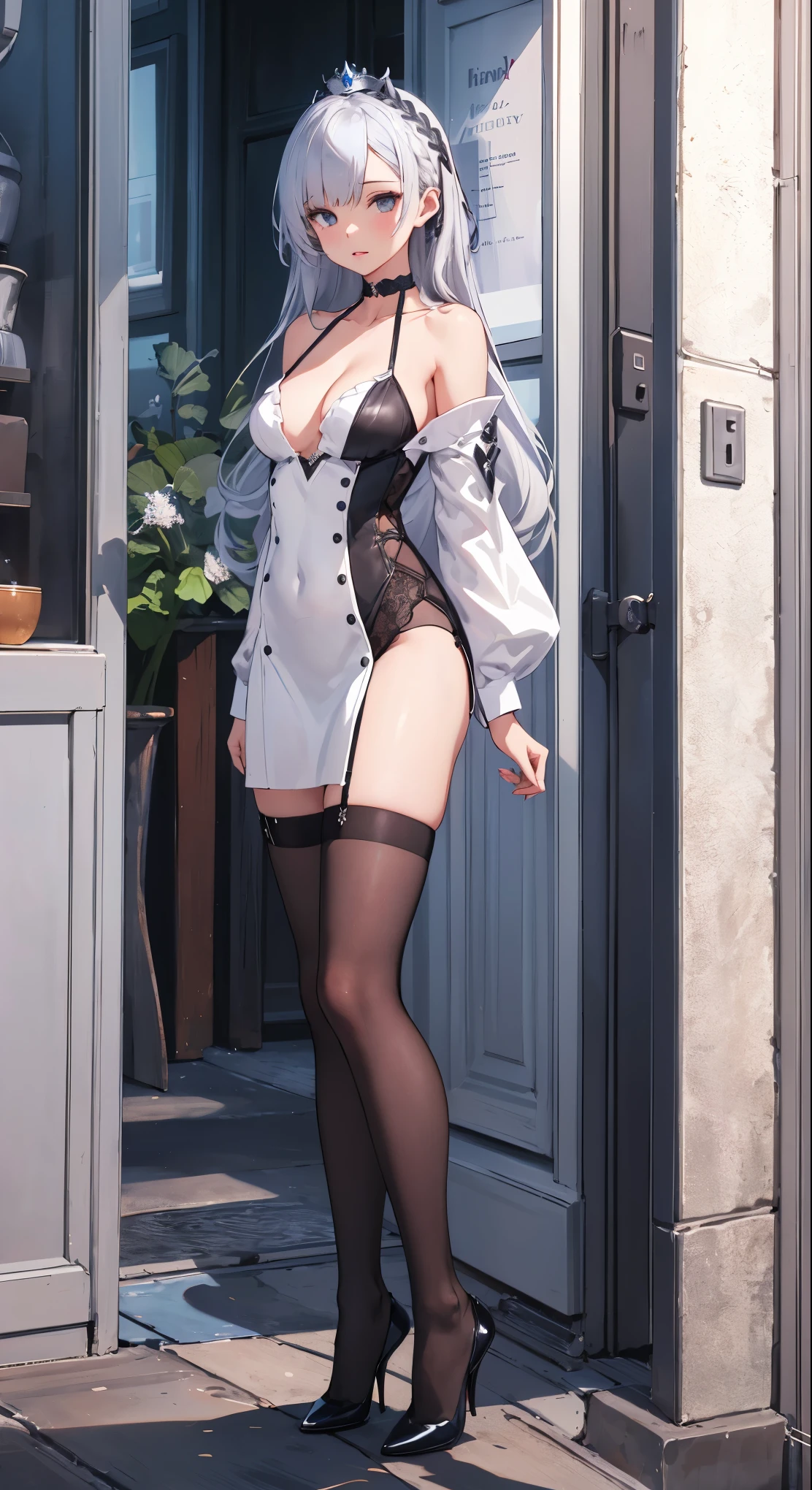 1girl, highly detailed, detailed eyes, sunny room, masterpiece, looking at viewer, illustration, game cg, collarbone, standing, glossy lips, thigh highs, high heels, silver hair, long hair, argus\(azur lane\), silver_hair, medium breasts, gray_eyes, hair_clip, argusorigin, black stockings, small silver crown on head, legs apart, feet shoulder width apart