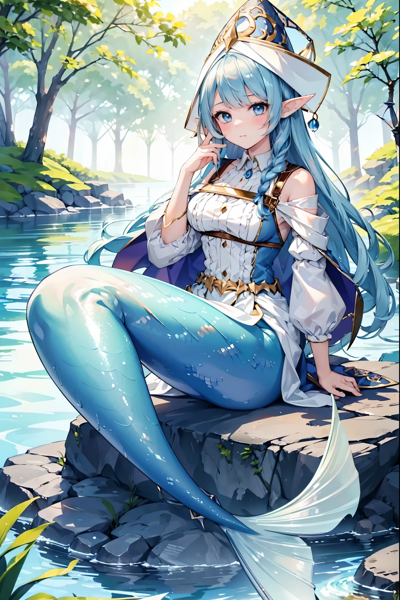 masterpiece, best quality,A girl,enchantress, blue hair, blue eyes, elf ears, wizard hat, white dress,solo,Large Breasts,Mermaid,蓝色的Mermaid尾巴,full-body shot,charming face(Kawaii, charming,Soft),Sitting in the pond,forest