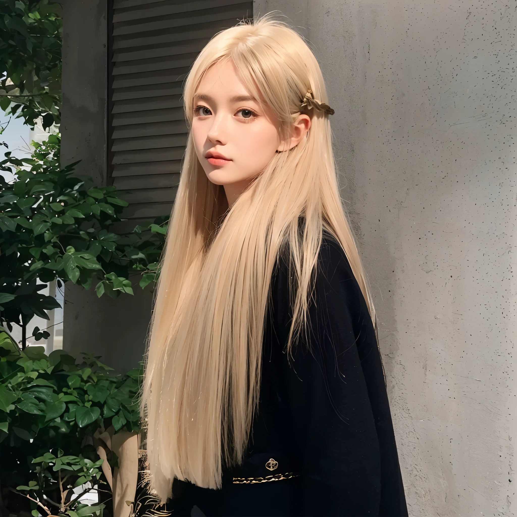 Middle-parted bangs，Platinum blonde long straight hair，Natural and beautiful hair，The background is simple and clean