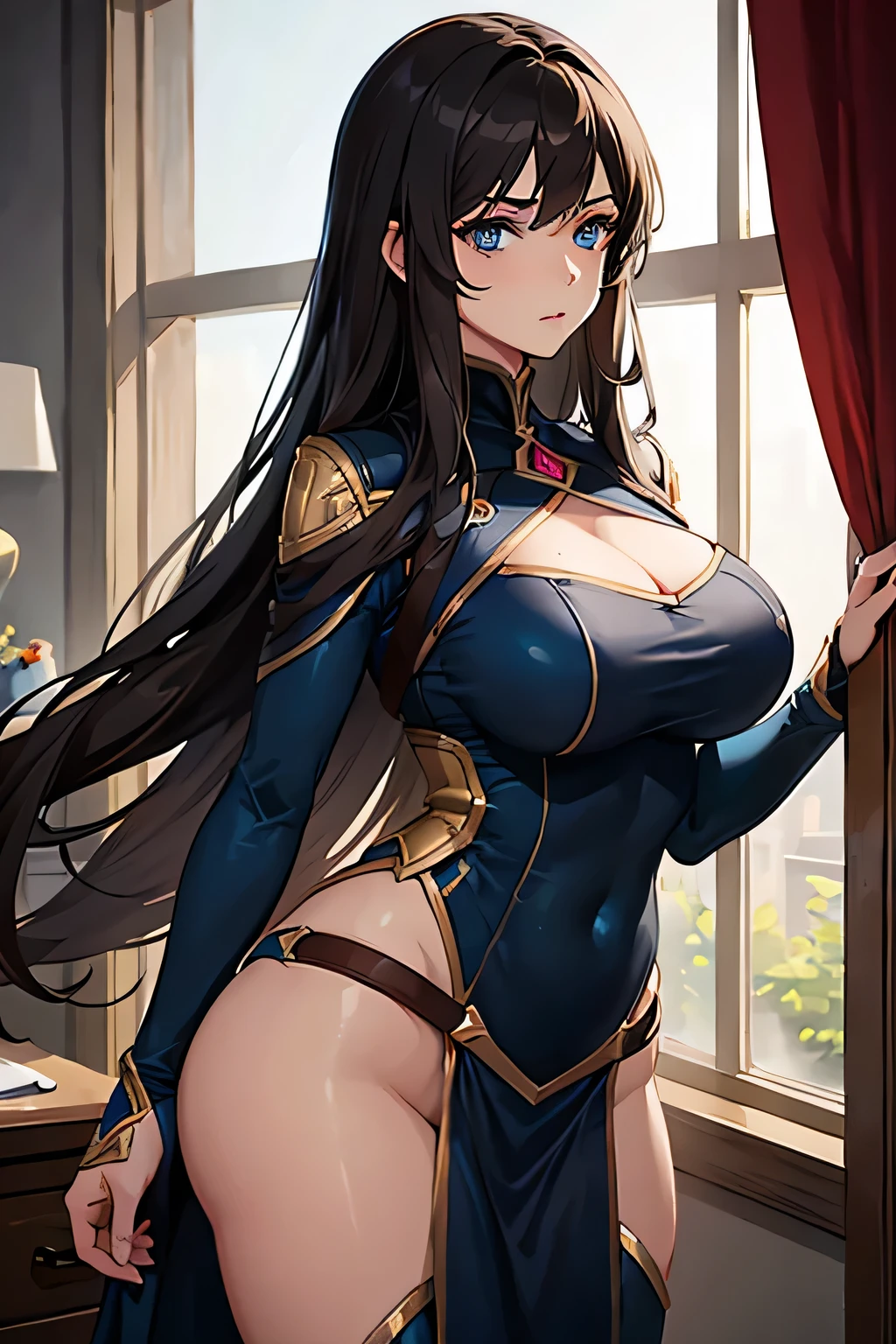 1 woman, long dark brown hair, big breasts, blue eyes, ((detailed eyes:1.2)), wearing superhero outfit, nsfw, sexy, sensual, masterpiece, top quality, best quality, official art, beautiful and aesthetic:1.2), extreme detailed, colorful, highest detailed