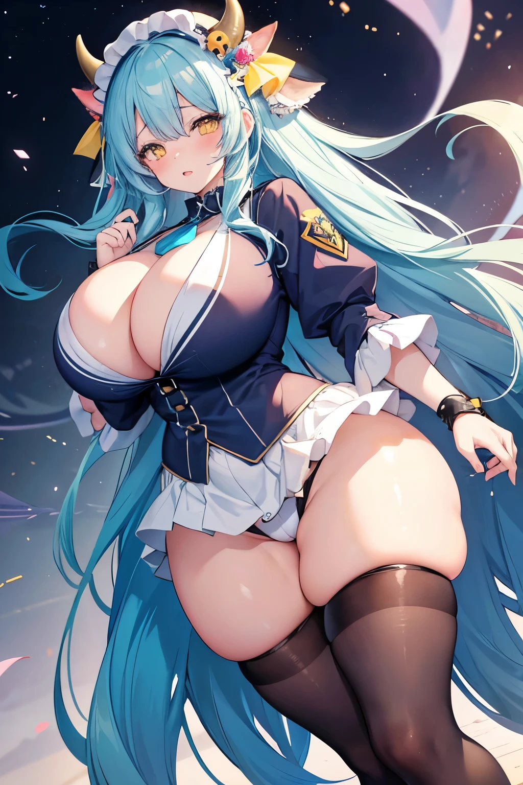 high quality, anime style, 1 girl, hucow, girl {hucow} 2, cow, cow outfit, long blue hair, yellow eyes, super huge breasts, gigantic breasts, huge fat ass, very thick thighs, chubby, expression of pleasure , face of pleasure