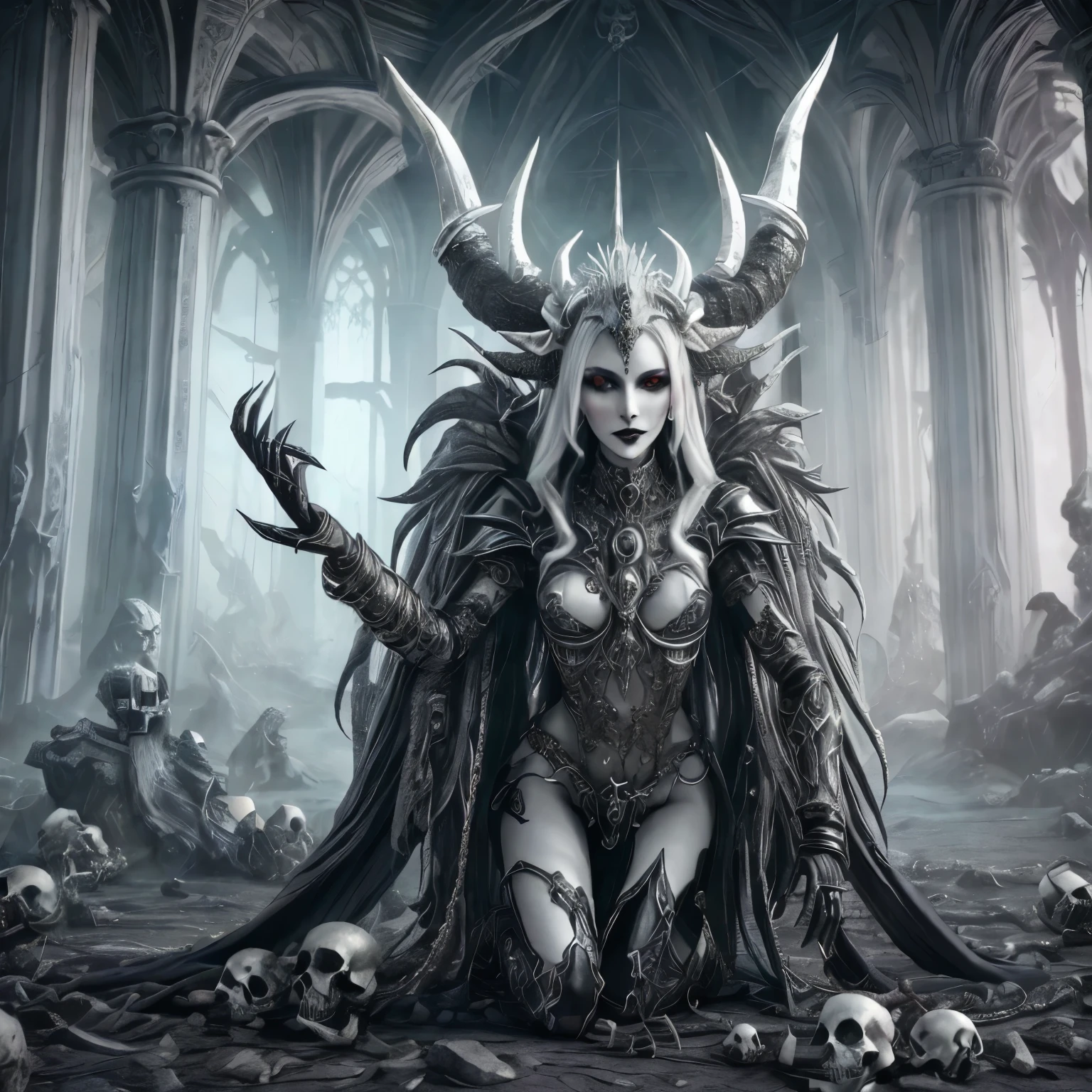 arafed woman with horns and a horned head sitting in a castle, white horns queen demon, queen of the underworld, goddess of the underworld, goddess of death, beautiful elegant demon queen, dark fantasy artwork, demoness, gothic fantasy art, dark fantasy art, fantasy dark art, dark sorceress, evil godess, dark sorceress full view